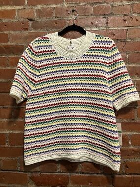 Crochet Stripe Short-Sleeve Sweater in Cream with Multicolor Stripes